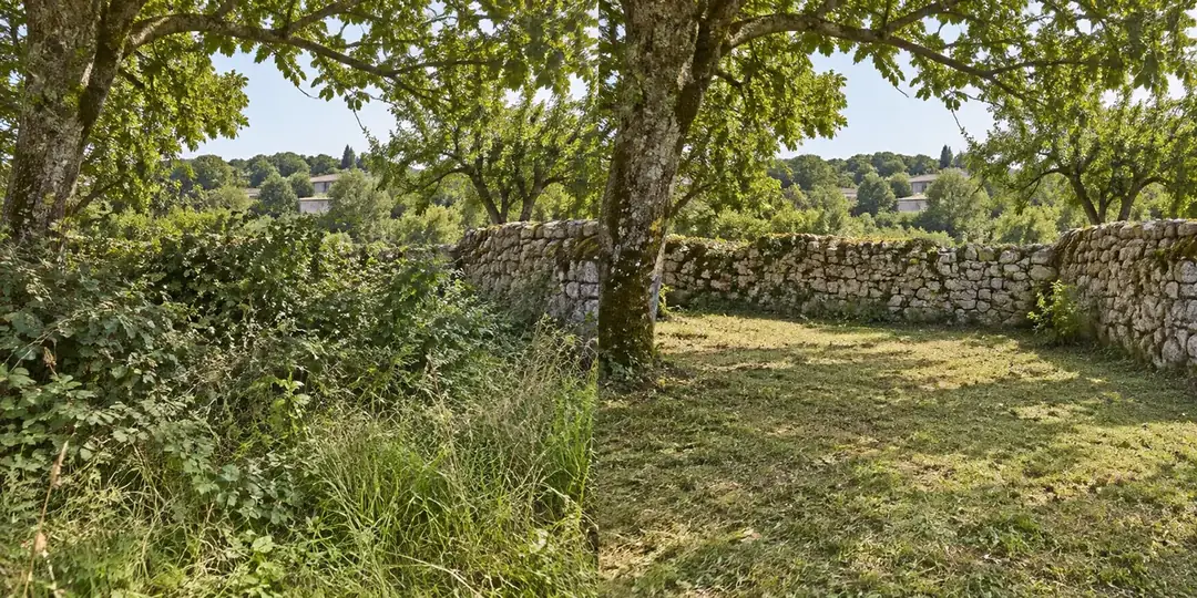 Avant : terrain envahi d’herbes hautes et de ronces, photo d’illustration